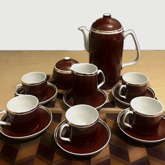 MCM Burgundy + Gold Hungarian Espresso Pot, Creamer, Sugar, Cups and Sau… - Picture 3 of 15